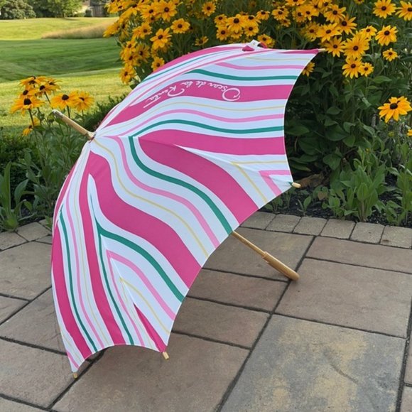 Vintage Oscar de la Renta Wooden Umbrella Pink and Green Swirls - Picture 1 of 16